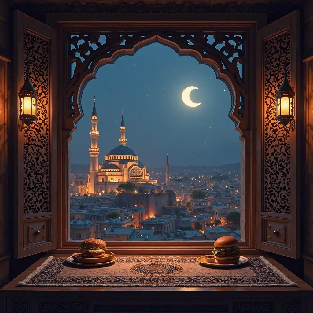 patterns, offering a breathtaking view of a picturesque Islamic village at night. The village is illuminated with warm, golden lights, and a majestic mosque stands tall in the distance, its minarets glowing softly under the serene Ramadan moon. The scene i...