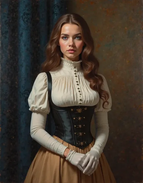 Oil portrait (painting on canvas), realistic image quality, photography, Realistic Illustration.  Aesthetic image .  detailed image. Aristocratic environment,  high standard .  Diagonal view ,  Diagonal focus . pose/ Imperious posture ,  dominant. pose med...