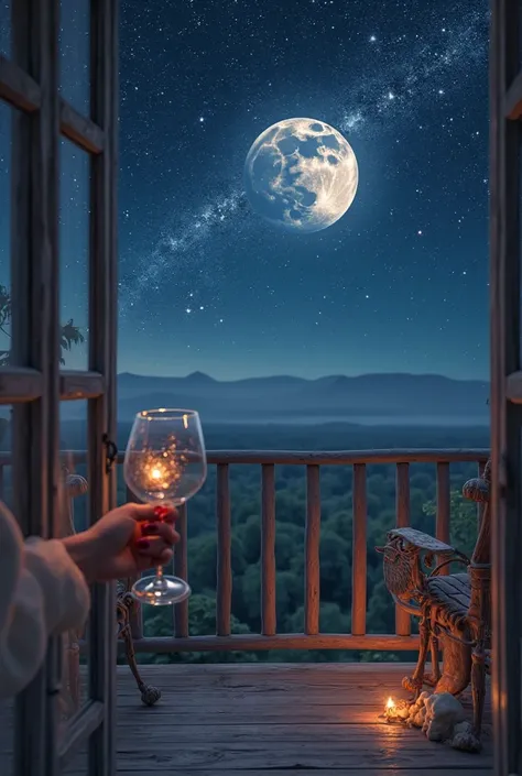  a realistic photo , From the view from a porch to the Moon , with beautiful skies and a female hand holding a wine glass