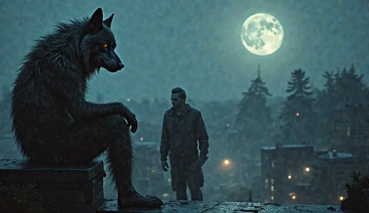 "A moody, cinematic scene featuring three distinct portrayals of modern werewolves. In the foreground, a lone werewolf with sorrowful, glowing eyes sits on the edge of a rooftop, gazing at the city below—a misunderstood outcast, shunned by both humans and ...