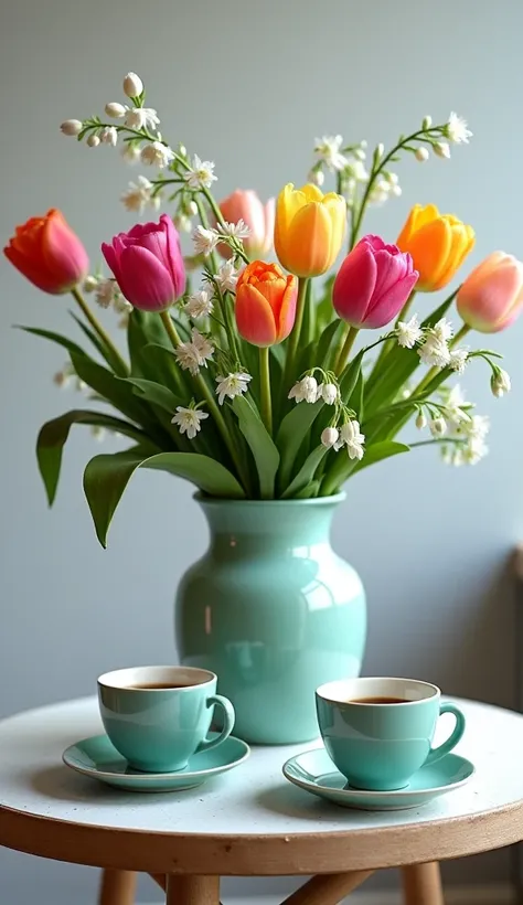 on a round table, In a porcelain vase, on the table stands a bouquet of tulips of different shades, hiacentow, snowdrops with the addition of fern twigs, next to each other on the table stand two cups of coffee, filiżanki zielone z kawą w tle zimowego kraj...