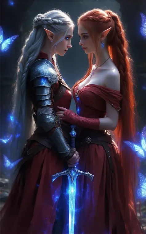 Full-length, On the left, a beautiful Elven girl in armor cove
red with blue runes, a sword on her belt, Silver very long hair tied in a ponytail, blue glowing eyes, on the right, an extremely beautiful Elven girl in a revealing red priestess outfit, very ...