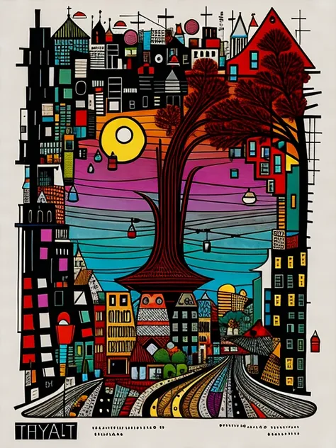 (in the style of auto stereogram) , masterpiece, Ink drawing 
(HUNDERTWASSER:0.6|fruit:0.3|a lot:0.1)
, (in the style of auto stereogram) , (urban woman), cityscape resembling a face made of buildings and building parts, tree in background々and buildings ，S...