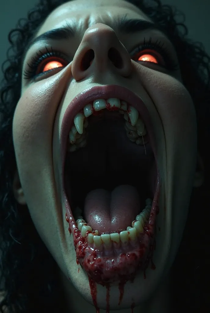 "A close-up of the beautiful humanoid female demon’s mouth, open wide, revealing perfectly sharp white teeth and a smooth, alluring tongue. Her glowing, intense eyes are visible just above the open mouth, focusing on her prey. The inside of her mouth is da...