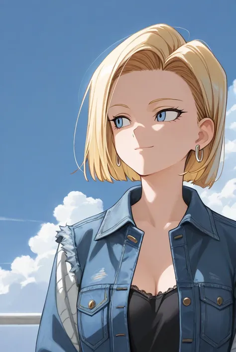 1 girl, Alone,  Android 18, blond hair,  blue eyes,  short hair,   jewelry, earrings, smile, jacket, look to the side,  denim ,  denim  jacket, upper body, lingerie, closed her mouth, cloud, null, day, look away, blue null, 1 collarb,