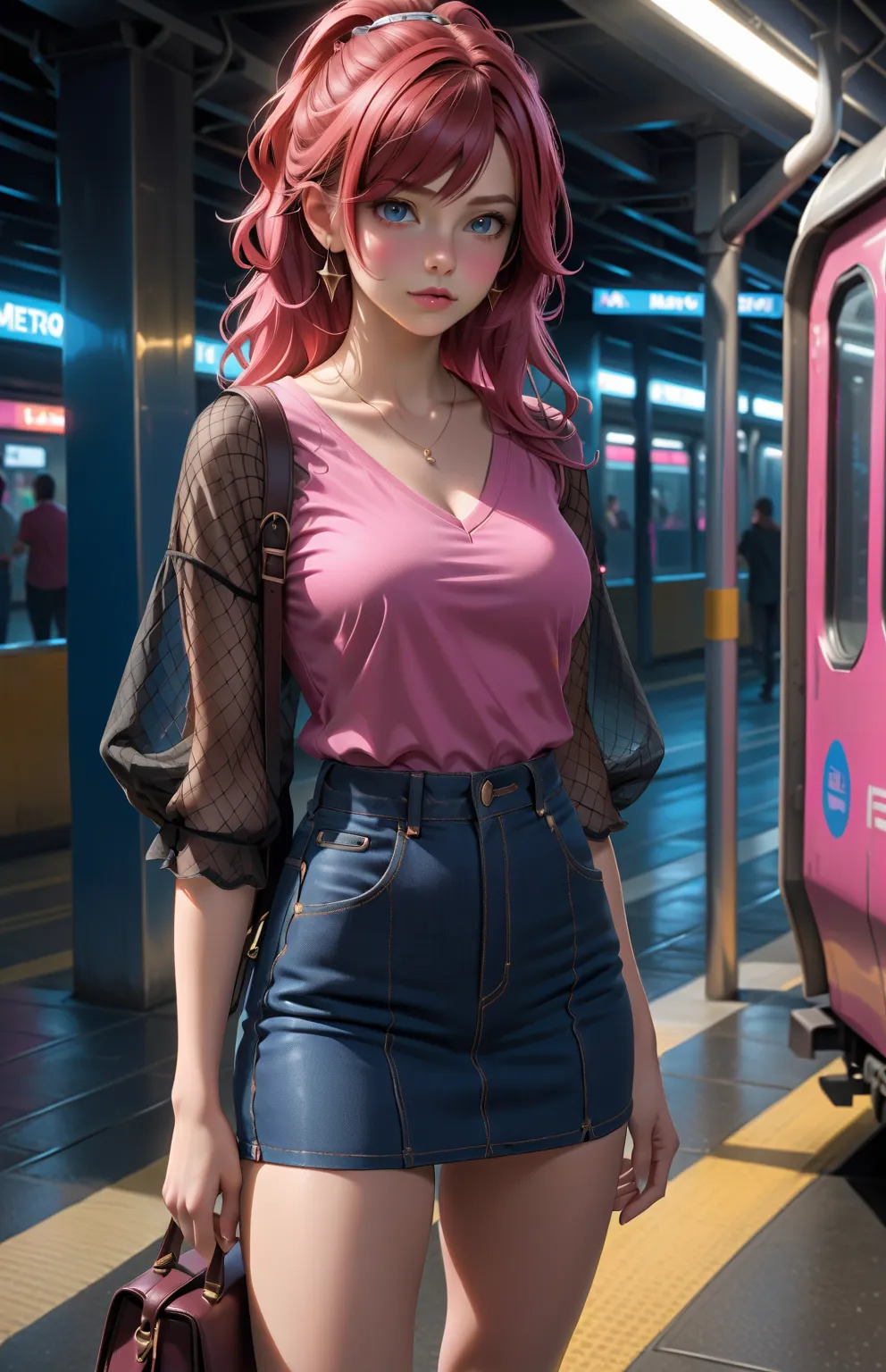 beauty young woman, waiting, at metro platform, while carrying crossbody bag, BREAK, (reddish-brown blonde hair, long hair, half updo, swept-side bang), BREAK, (very short sleeves v-neck shirt (+dark-pink shirt, black mesh sleeves)), (prussina-blue denim p...