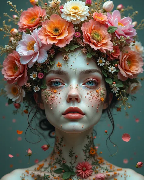 woman with a head full of flowers. flowers come out of her eyes and mouth and a hat full of flowers. half human half flower