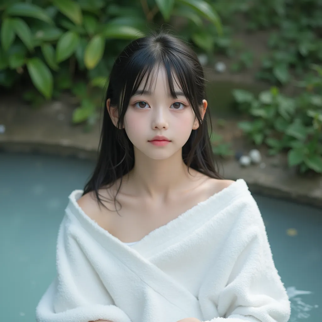 cuteloli,loli,hyper realistic,HD,best quality,(14-years-old),(wearing a towel),looking at viewer,depth of field,full_body_shot,from_above,close shot,openair hot springs