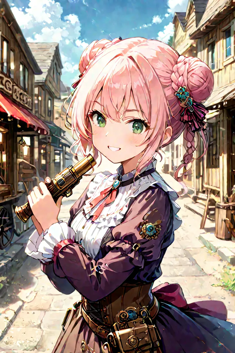 highest quality。masterpiece。detailed details。disorganized。one woman。pink hair braided elaborately into a bun 。 green eyes . steampunk gunman。Hold two pistols。Cheerful smile。The background is a western style town, dusty wind, blue sky and white clouds.。