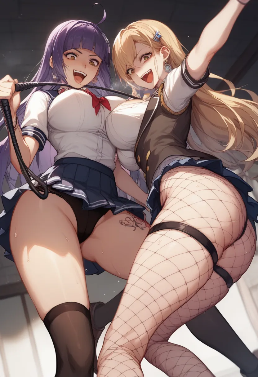 The background is a dark basement made of bricks 、2 women in their 20s with big breasts 、 Brown Eyes  、Yakumo Beni,  She is wearing a school uniform、fishnet tights, They have long whip in their hands、composition showing the floor from the ceiling 、cute ani...