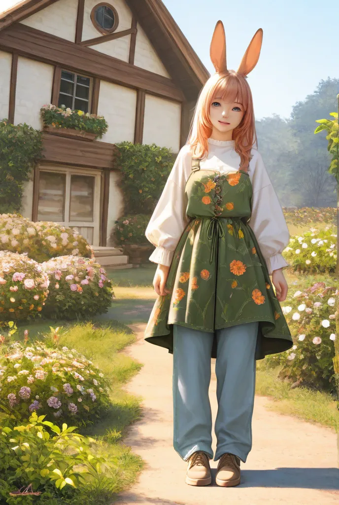 4K, realistic,  Charismatic, detailed, There is a girl in the garden house, rabbit girl , Easy Theme,   pants, Age 25, full body