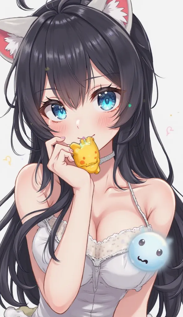 fringe, team high resolution, breasts, Long hair, looking at the viewer, Rice,  blue eyes,  blue eyes, black hair, breasts grandes, Animal Ears, toys, makeup,  saliva ,  smile,  Shame on the nose , emojis,  Teeth stuck, 