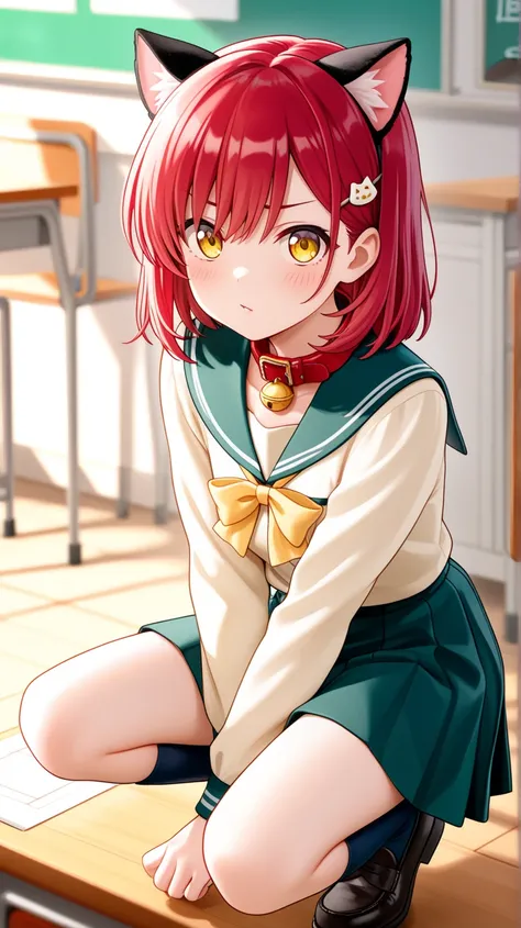 I have short red hair 。They have cat ears 。They have yellow eyes 。I'm wearing a cat hairpin。 I'm wearing a uniform。 laughing。 crouching 。Wearing a collar。I'm in the classroom。I'm posing like a cat。