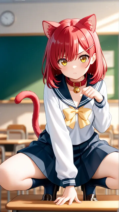 I have short red hair 。They have cat ears 。They have yellow eyes 。I'm wearing a cat hairpin。 I'm wearing a uniform。 laughing。 crouching 。Wearing a collar。I'm in the classroom。I'm posing like a cat。