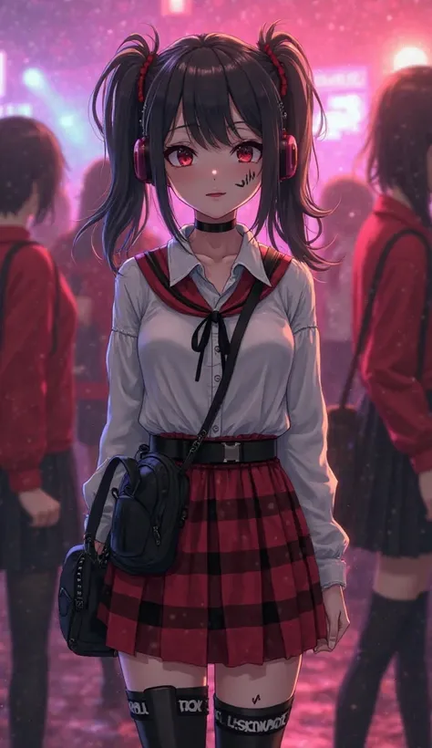 Girl with hair and small black pigtails on her face is painted with thick black lines wearing red and black plaid miniskirt, white shirt tied, black painted lips,  black combat boots , around their waist a black tied sweatshirt with a black bag hanging on ...