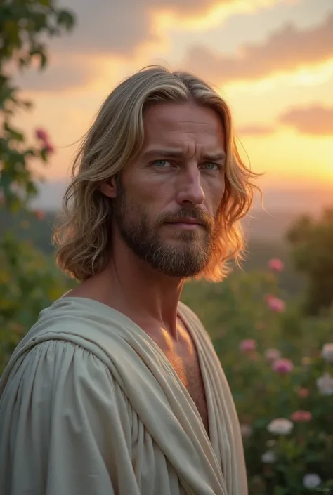 Jesus Christ, with an uncharismatic smile, blonde hair and blue eyes, in a garden looking forward, Above there is a very beautiful, good morning sky, behind it shows the Horizon and the Sun rising 