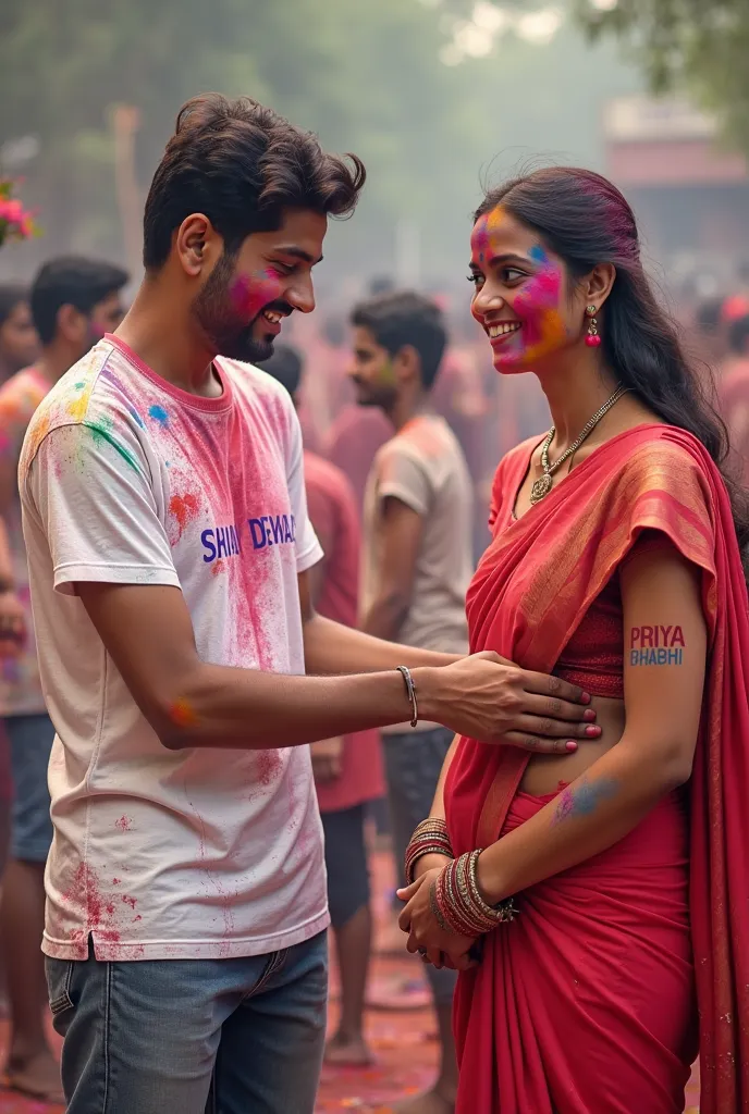 Create a realistic image in which, a realistic 18 year old Indian boy is applying Holi colors on the waist of a realistic 20 year old  Indian girl, the boy's colorful white t-shirt has "SHYAM DEWAR" written clearly on it, and "PRIYA BHABHI" is clearly writ...