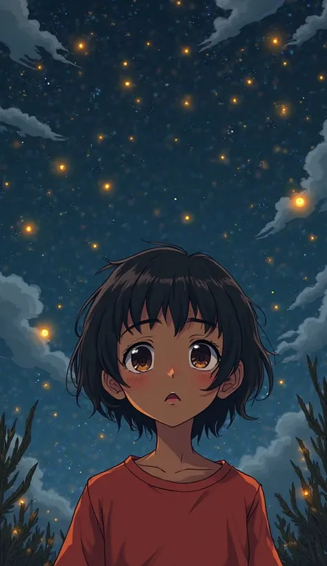 Anime androgynous  Brazilian androgynous boy with brown skin 🟤 brunette, short straight black hair with bangs , brown eyes art with, Plain red shirt. In Brazil ,with bright fireflies climate night sky with clouds from the 90s in a forest with many fireflie...