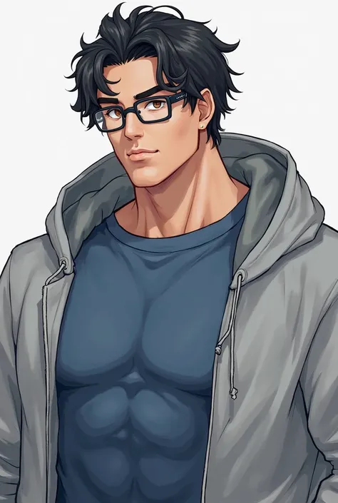  medium muscular body ,  wavy black hair, rectangular eyeglasses , blue sweatshirt with gray hoodie light brown eyes, little black dot on the left cheek, Chin with hole and bottom game