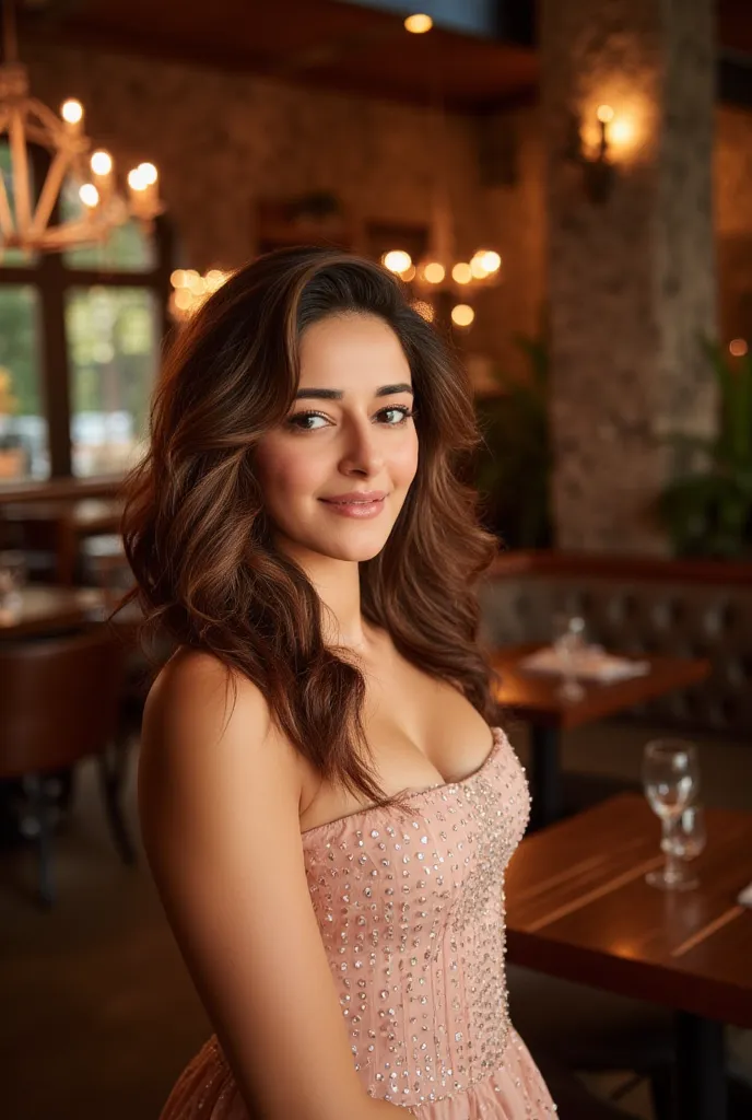 beautiful detailed photograph, hair cascading over her shoulders, wearing a dress standing in cafe looking at the viewer, smiling