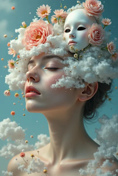 main subject: A woman with her face painted with three-dimensional flowers and clouds.
Composition:
foreground: The woman must have her face painted with three-dimensional flowers and clouds. The cloud should be positioned in front of her face, casting a v...