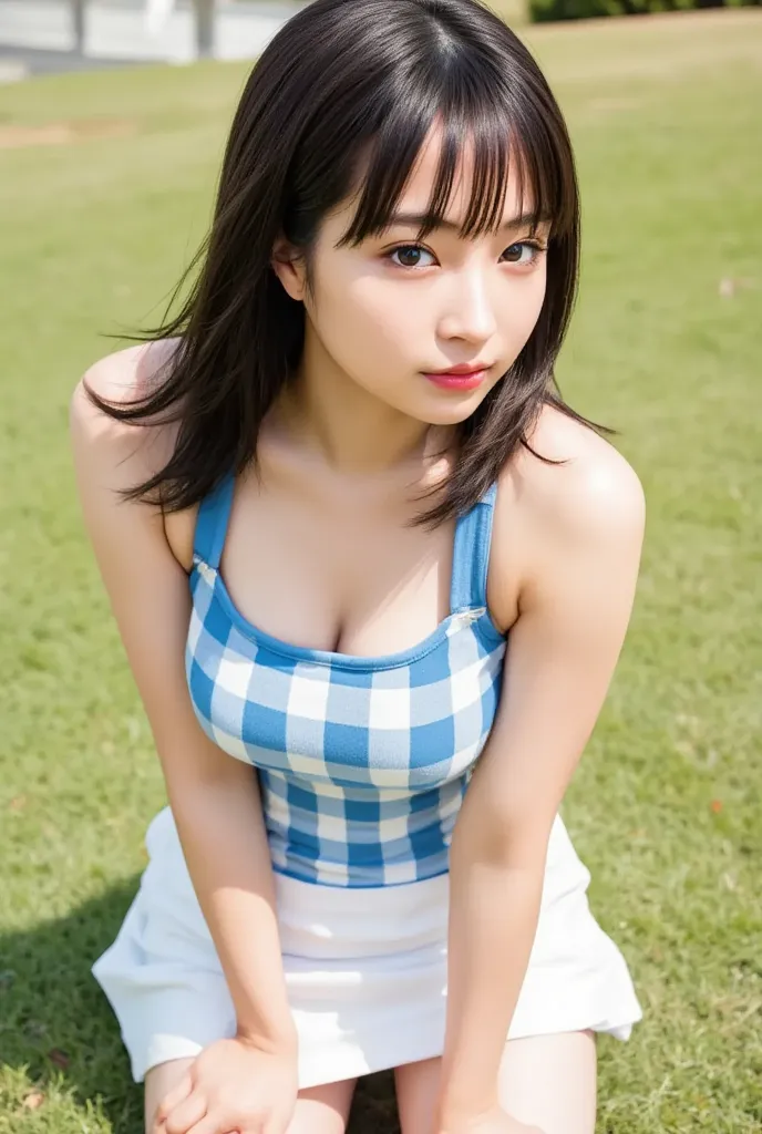 Jang Gyuri, A full-body shot one woman, dynamic angle, golf course, blue and white delicate check golf t-shirts , white golf mini skirts, light tracing, getting white sun visor, in the foreground, (floating hair:1.1), hot sun, white cap, professional model...