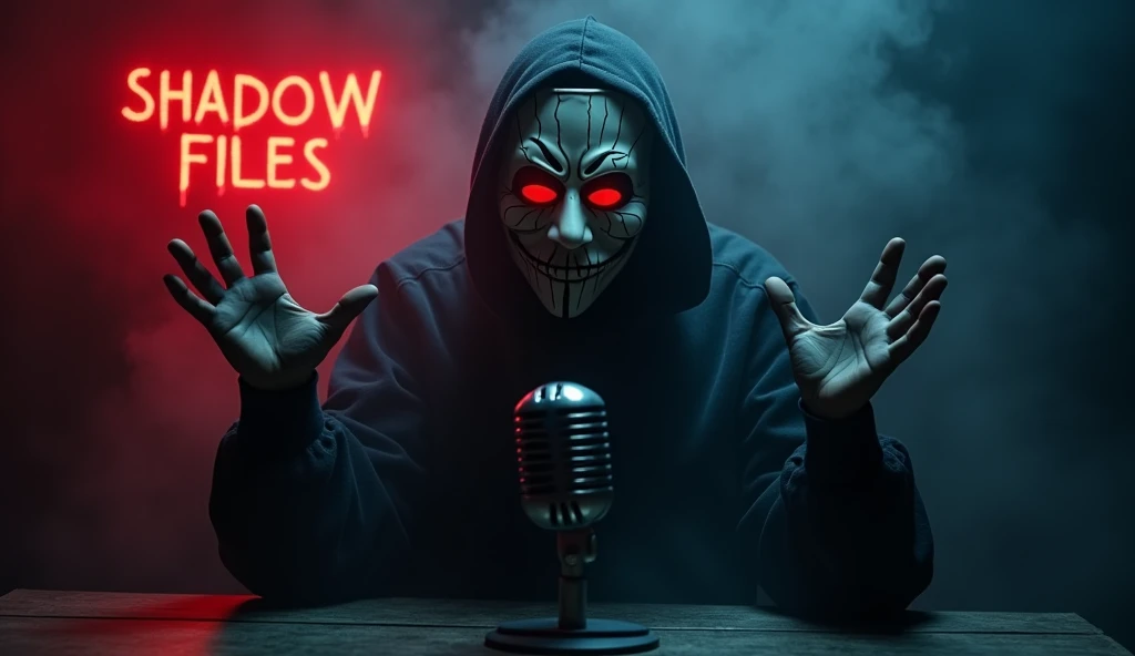 The iconic, masked storyteller of the Shadow Files channel sits in a dim, eerie studio, facing the camera with an unsettling calm. His mask is a haunting pale white with dark, cracked lines running across it, resembling something ancient and cursed. His gl...