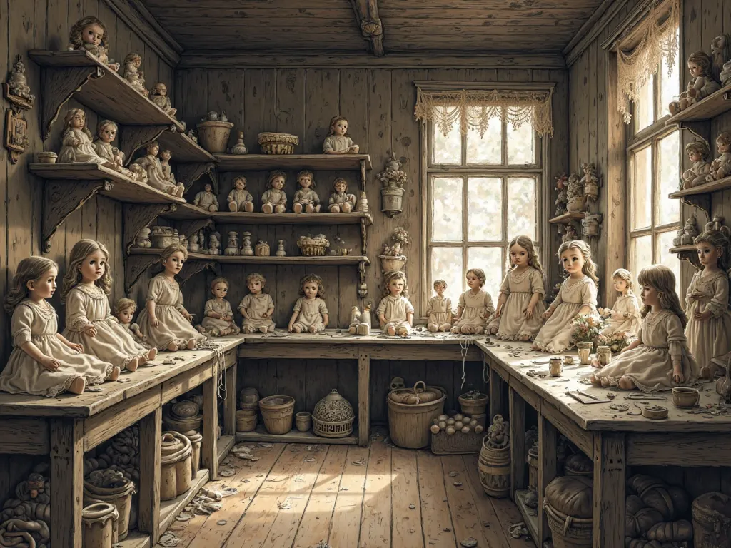 Old porcelain doll workshop, Victorian age, old illustration style,