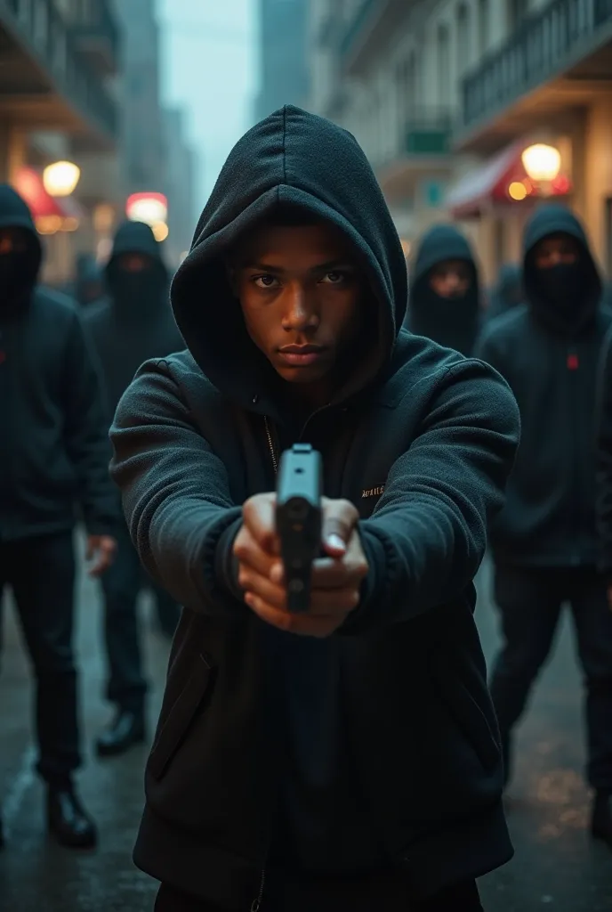 Brown boy dressed as a black hooded drill posing with a Glock 26 on the street with enemies on his sides