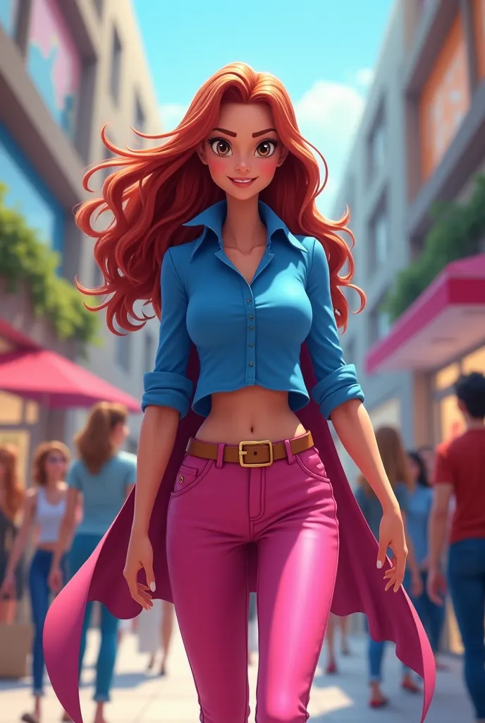 Adult animated super girl mall me khari h big eyes and long hair with blue shirt pink jeans pahni h