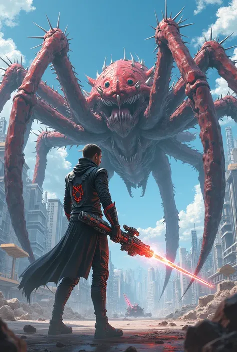 Anime, anime,  A Man, futuristic weapon in the hands, uniformed, Fighting against a Kaijus, epic, beautiful, city urbana, monstro asqueroso não forte, spider