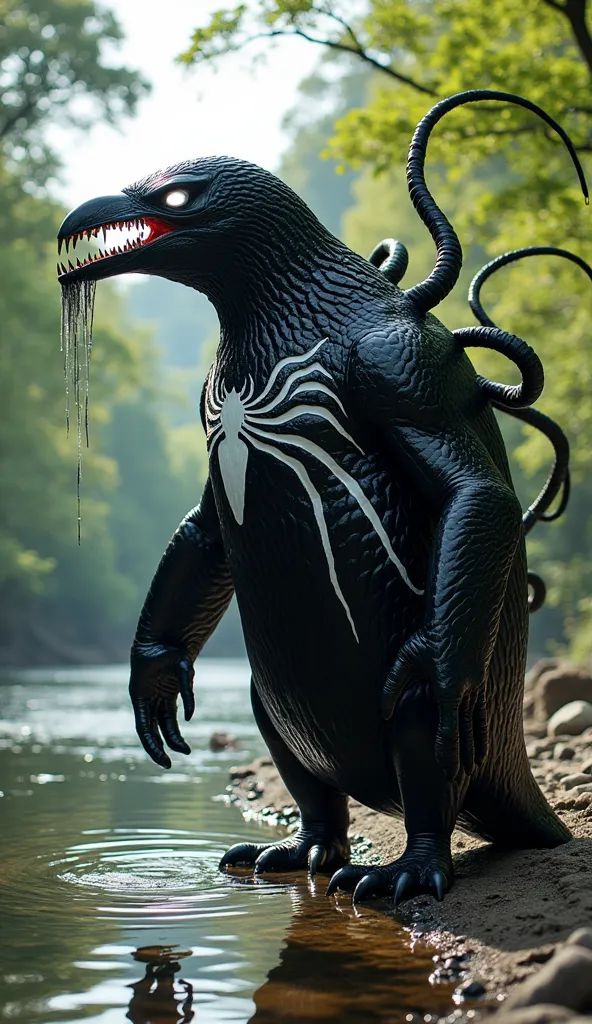 A colossal, Venom-inspired penguin stands menacingly by a riverbank, surrounded by lush green trees under the bright daylight. Its massive black body, covered in twisting, symbiotic veins, pulsates with dark energy. The white spider emblem spreads across i...