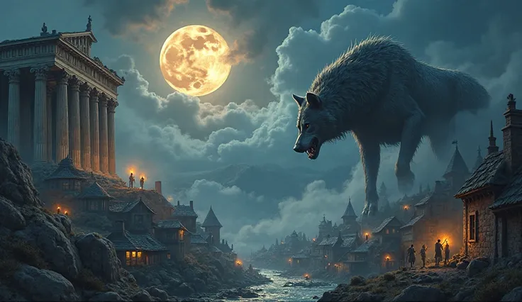 A captivating scene blending different eras of werewolf mythology. On one side, an ancient Greek temple under the twilight sky, where King Lycaon is cursed by Zeus, his form twisting into a monstrous wolf. In the center, a medieval village under siege, ter...