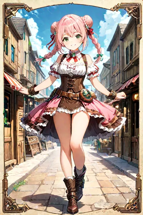 highest quality。masterpiece。detailed details。full body 。one woman。pink hair braided elaborately into a bun 。 green eyes . steampunk cowgirl。Cheerful smile。The background is a western style town, dusty wind, blue sky and white clouds.。