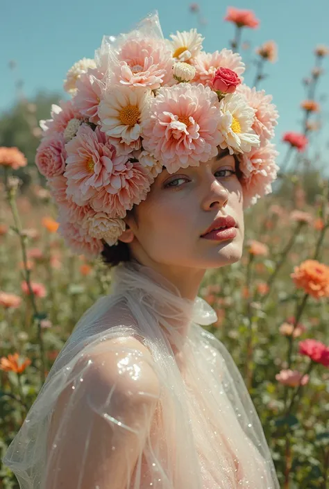 Editorial photography, pastel colors, mixed-color flowers, a headpiece made of plastic bags on the face, an interesting pose. --ar 3:4 --style raw