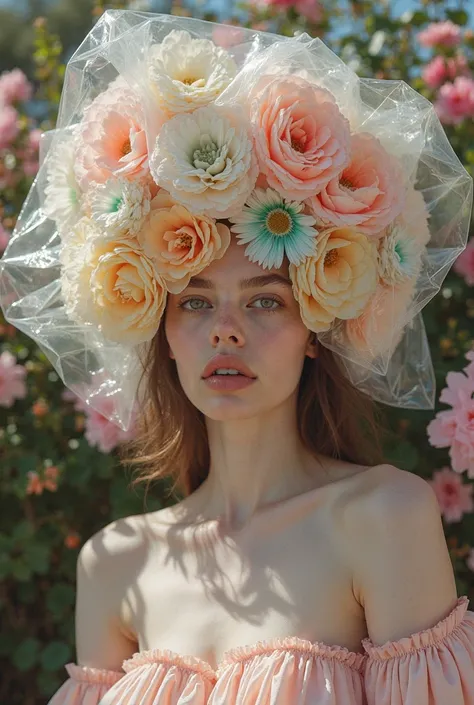 Editorial photography, pastel colors, mixed-color flowers, a headpiece made of plastic bags on the face, an interesting pose. --ar 3:4 --style raw