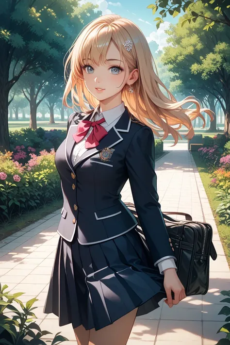 Anime style high school girl in black uniform, the hem of her skirt swings in park style