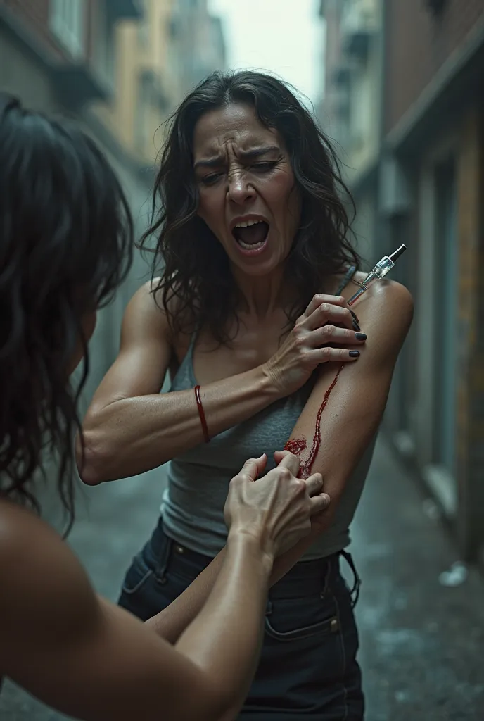 Woman being pierced by another person with a contaminated syringe and needle on the street