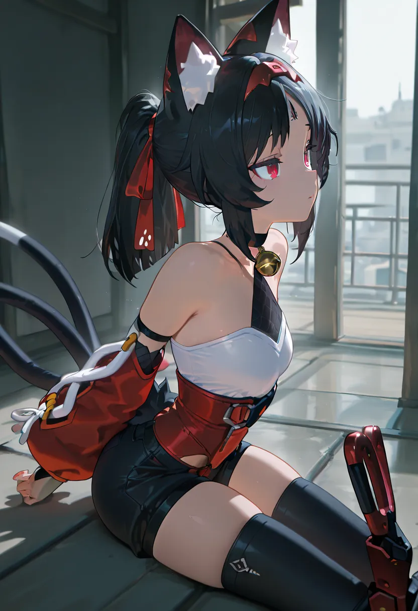 masterpiece, best quality, amazing quality, very aesthetic, absurdres, newest, scenery, volumetric lighting, perfect eyes, 1girl, solo, black hair, cat ears, ponytail, red metal hairband, black forehead tattoo, red eyes, hair ribbon, two tails, cat bell, c...