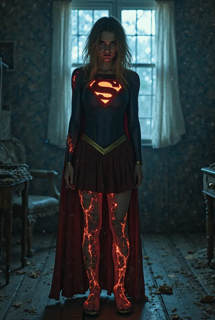 "A hauntingly eerie version of Supergirl standing in a dark, abandoned bedroom. Her suit is battle-worn, with glowing cracks and molten lava-like fractures running across her body, giving her a broken, supernatural look. Her eyes are wide with fear, and he...