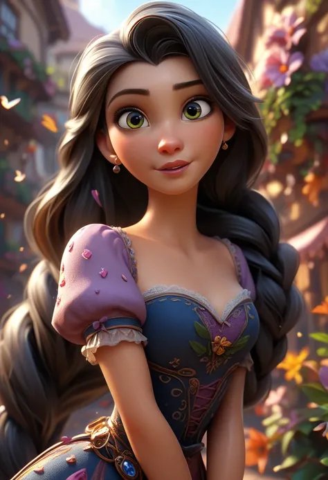 Rapunzel from Disney in a somewhat tight and a bit sexy dress and good tits , , masterpiece , FULL HD , best quality , looking at viewer.