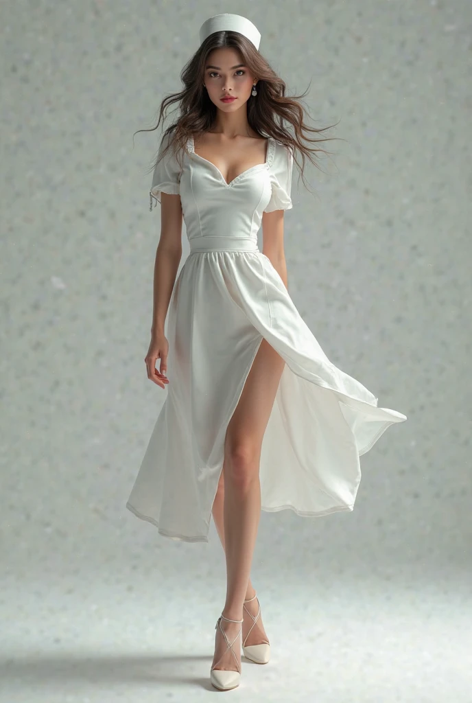 A gorgeous nurse in a white apron walks gracefully, her alluring figure enhanced by high heels. With a mesmerizing charm, she moves with a captivating sway, exuding elegance and sensuality.

