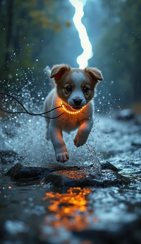 The agile tech-enhanced puppy mid-leap (main subject) between partially submerged stepping stones in the raging floodwaters (location). Dramatic backlighting from a lightning flash, creating silhouette effects with glowing tech highlights (lighting/mood). ...