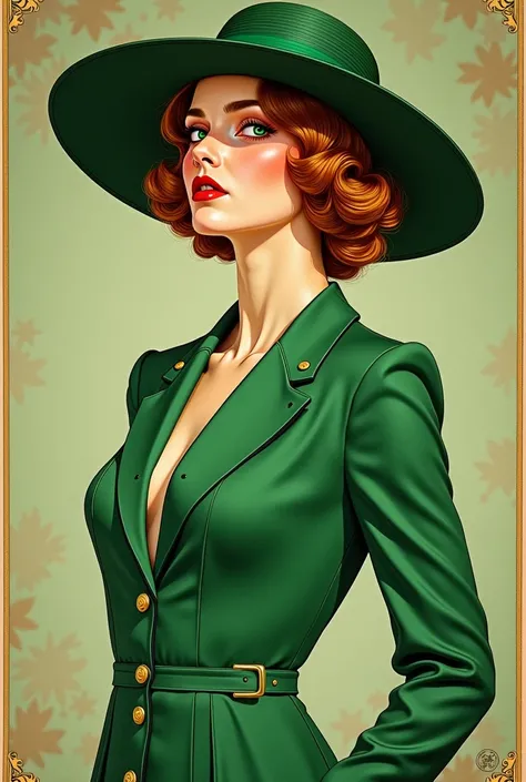 un gros plan sur une femme portant un chapeau vert et une robe verte, inspired par Elizabeth Shippen Green, peinture art nouveau, par Elizabeth Shippen Green, Art Nouveau! cyberpunk! style, Art Nouveau painting, Martin alors, Leyendecker style, Art Nouveau...