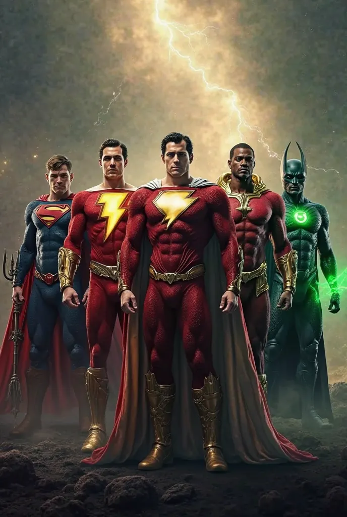 A team of five powerful superheroes standing heroically together. The team includes a mighty alien with a red cape (Superman), a warrior king of the ocean with a trident (Aquaman), a magical hero with a lightning symbol on his chest (Shazam), a space warri...