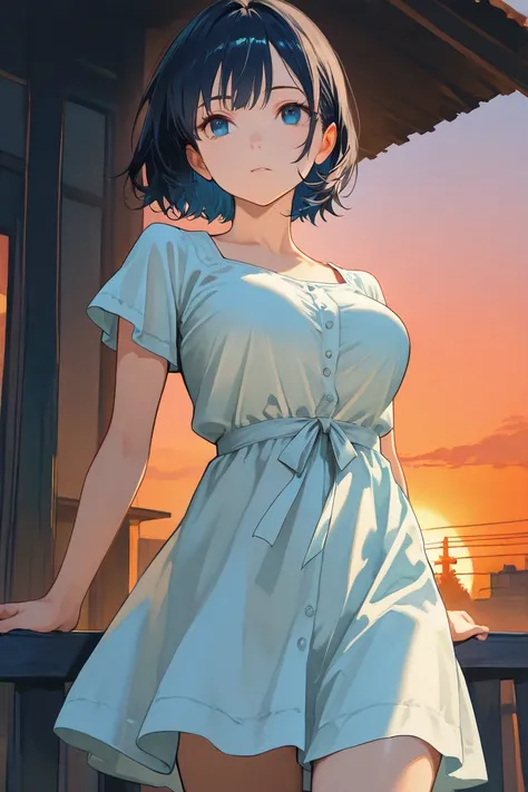 ((sunset)),Around town,High quality texture,1 girl,  dark blue short hair, blue eyes,plain white dress, slightly petite ,slightly larger breasts,looking over here,Young face,