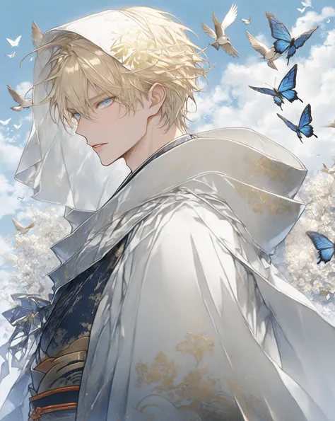 traditional Japanese pattern,white,red,black,gold, 1 men, yamanbakiri kunihiro (Touken Ranbu), ikemen,blonde hair, blue eyes, head Covered with white cloth hood, white cloth cape ,blue eyes,(((Background design))),flowers,flowers,bird,clouds,butterfly,(((b...