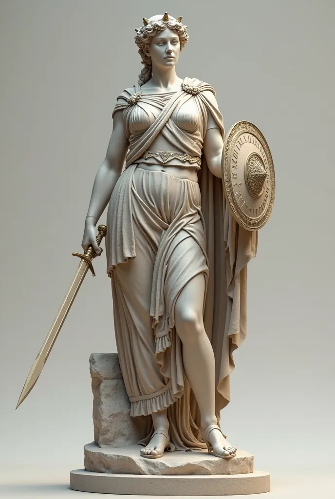 Statue of Athens with holding a shield and sword, looking at the front, on a solid background without details 