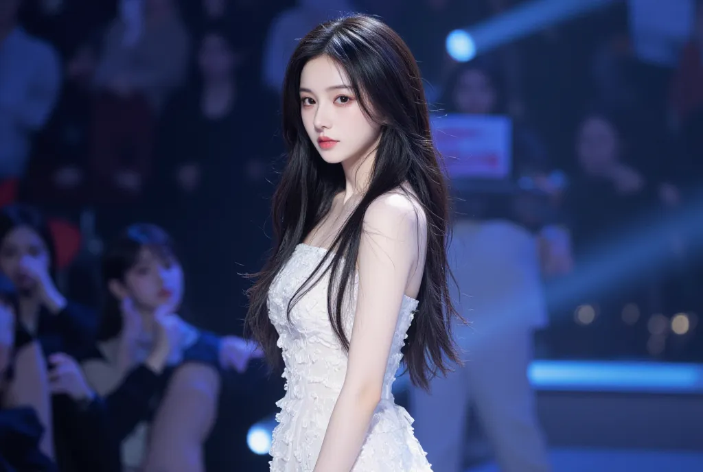 kpop girl, Korean, Lucious long black hair, would be considered ugly in Korea, okay skin tone, cute douyin look, monolids, feline like eyes, looks like yeji from itzy a bit, ,  adorable, realistic, unique visual, not really that pretty , she’s REALLY ugly,...