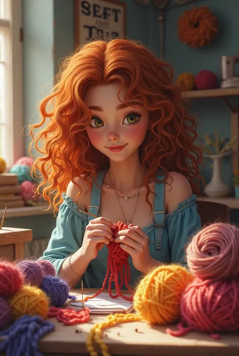 Girl with curly hair color red passion sitting at a desk knitting with several rolls of wool around happily with a tender look